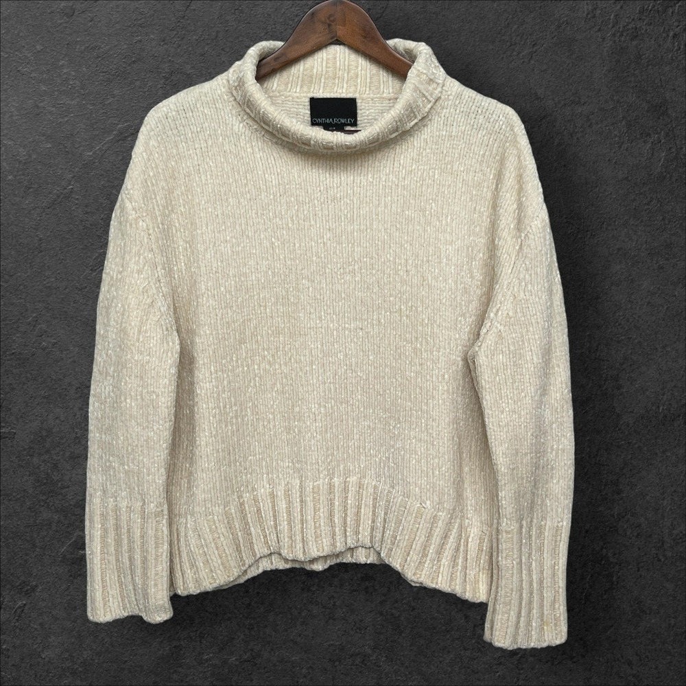 Cynthia Rowley Chenille Sweater Womens Medium Cream Mock Neck Ribbed Knit Good